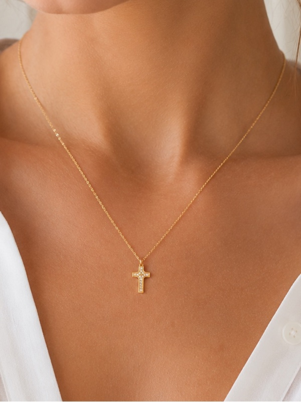 Petite Gold Cross Necklace, Zircon Cross Pendant, Delicate Stainless Necklace